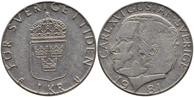 Швеция 1 крона 1981 Карл XVI Густав (1973- ) KM 852 медь плакированная медно-никелем 4397-1012