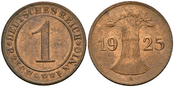 Германия 1 рейхспфенниг 1925 A KM 37, J. 313 бронза 4189-1118