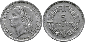 ФРАНЦИЯ 5 ФРАНКОВ 1948 OPEN 9 KM 888b.1 алюминий 97-634