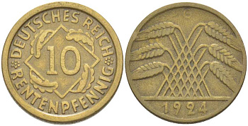 ГЕРМАНИЯ 10 РЕНTЕНПФЕННИГОВ 1924 G KM 33, J. 309, Weege 8 алюминиевая бронза 210-334