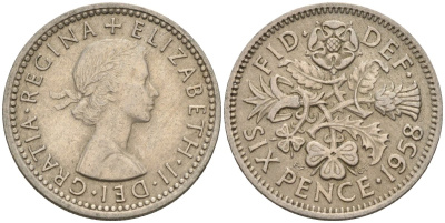 Великобритания 6 пенсов 1958 Елизавета II (1952-2022) KM 903, Spink 4149 медно-никель 4596-1041