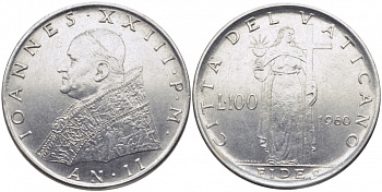 ВАТИКАН 100 ЛИР 1960 ДЖОН XXIII KM 64.2 сталь 4448-511