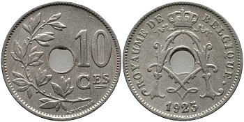 БЕЛЬГИЯ 10 САНТИМОВ 1923 BELGIQUE KM 85.1 медно-никель 4380-516