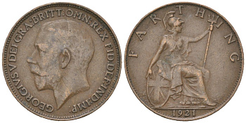 Великобритания 1 фартинг 1921 Георг V (1910-1936) KM 808.2, Spink 4060 бронза 4617-861