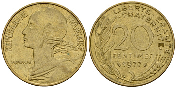 Франция 20 сантимов 1977 тип Marianne KM 930 алюминиевая бронза 4393-343
