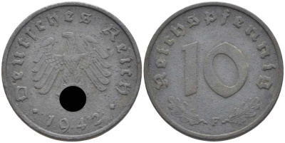 ГЕРМАНИЯ 10 РЕЙХСПФЕННИГОВ 1942 F KM 101, J. 371 цинк 4401-711