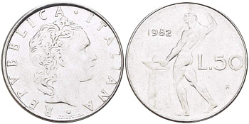 ИТАЛИЯ 50 ЛИР 1982 R, КУЗНЕЦ KM 95.1 нержавеющая сталь 4523-713
