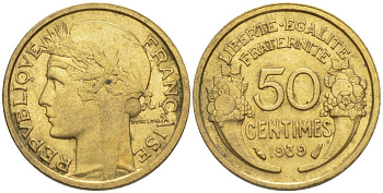 ФРАНЦИЯ 50 САНТИМОВ 1939 ТИП MORLON KM 894.1, LE FRANC 192.15 алюминиевая бронза 44-862