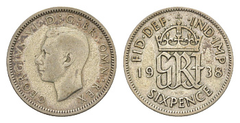 Великобритания 6 пенсов 1938 Георг VI (1936-1952) KM 852, Spink 4084 серебро 33-1154