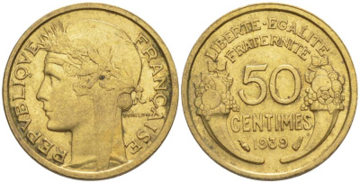ФРАНЦИЯ 50 САНТИМОВ 1939 ТИП MORLON KM 894.1, LE FRANC 192.15 алюминиевая бронза 44-862