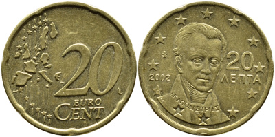 ГРЕЦИЯ 20 ЕВРОЦЕНТОВ 2002 KM 185 латунь 4390-1151