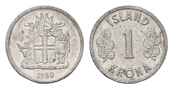 Исландия 1 крона 1980 KM 23 алюминий UNC 4687-822