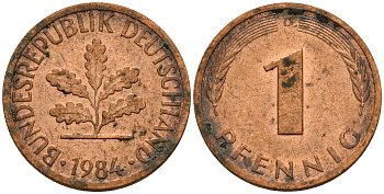 ФРГ 1 пфенниг 1984 D KM 105, J. 380 сталь плакированная медью    4598-628