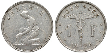 Бельгия 1 франк 1929 Belgie KM 90 никель 51-1744