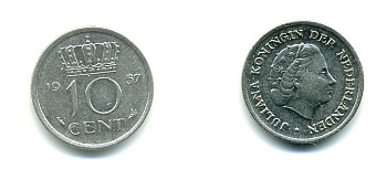 Нидерланды 10 центов 1957 Юлиана (1948-1980) KM 182 никель 76-329