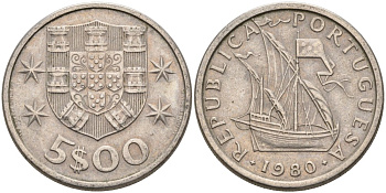 Португалия 5 эскудо 1980 парусник KM 591 медно-никель 4573-956