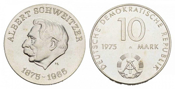 ГДР 10 марок 1975 А, 100 лет со дня рождения Альберта Швейцера, J. 1554 R, KM 57 серебро UNC 00-000-00