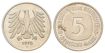 ФРГ 5 марок 1975 F КМ 140.1, J. 415 медно-никель плакированный никелем 4645-222