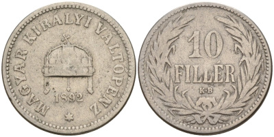 Венгрия 10 филлеров 1892 KB, Франц Иосиф I (1848-1916), редкий год KM 482 никель 4151-1046