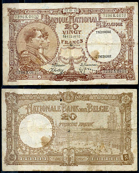 Бельгия 20 франков 1940 две надпечатки tresorerie - thesaurie, 22 января 1940 Pick 98 a бумага 7487-57-3-2