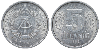 ГДР 5 ПФЕННИГОВ 1983 A КМ 9.2 алюминий 62-531