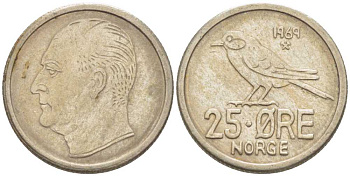 Норвегия 25 эре 1969 Улаф V (1958-1991), синица KM 407 медно-никель 211-1218