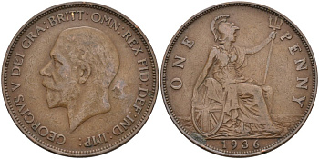 Великобритания 1 пенни 1936 Георг V (1910-1936) KM 838, Spink 4055 бронза 3855-835