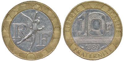 Франция 10 франков 1989 тип гений Бастилии KM 964.1, Le Franc 375.3 биметалл 45-546