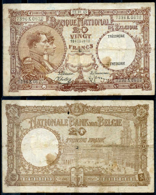Бельгия 20 франков 1940 две надпечатки tresorerie - thesaurie, 22 января 1940 Pick 98 a бумага 7487-57-3-2