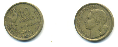 Франция 10 франков 1952 петух KM 915.1, Le Franc 363.4 алюминиевая бронза 83-327
