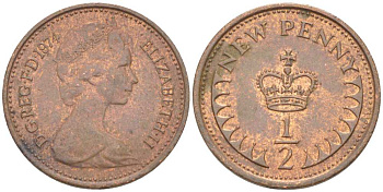 Великобритания 1/2 пенни 1974 Елизавета II (1952-2022) KM 914, Spink 4239 бронза 46-439
