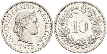 Швейцария 10 раппенов 1973 KM 27 медно-никель 55-445