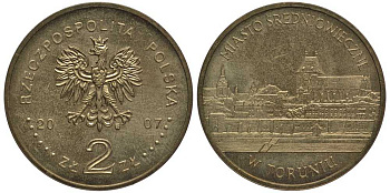 Польша 2 злотых 2007 MW, средневековое место в Торуне (TORUNIO) KM 622 латунь 114-315