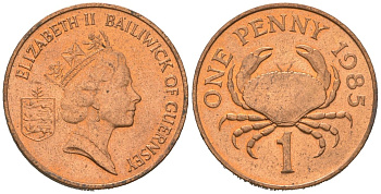 Гернси 1 пенни 1985 Елизавета II (1952-2022), краб KM 40 бронза UNC 192-212