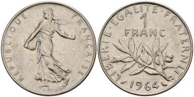 Франция 1 франк 1964 сеятель KM 925.1, Le Franc 226.8 никель    4153-437