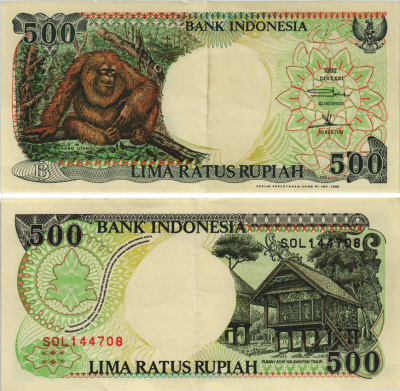 ИНДОНЕЗИЯ 500 РУПИЙ 1992/1995 ОРАНГУТАН, КАЛИМАНТАНСКИЙ ДОМ Pick 128d бумага 8604-50-4-1