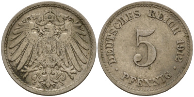 Германия 5 пфеннигов 1912 D J.12, KM 11 медно-никель    4598-1143