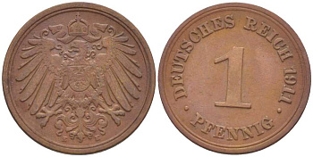 ГЕРМАНИЯ 1 ПФЕННИГ 1911 E KM 10, J. 10, Weege 2 медь 211-444