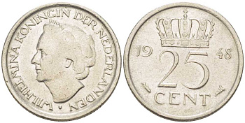 НИДЕРЛАНДЫ 25 ЦЕНТОВ 1948 ВИЛЬГЕЛЬМИНА (1890-1948) KM 177 никель 211-626
