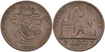 Бельгия 2 сантима 1863 BELGES KM 4.2 медь 4586-455