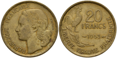 Франция 20 франков 1953 B, Петух KM 917.1 алюминиевая бронза 4159-945