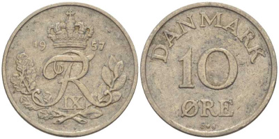 ДАНИЯ 10 ЭРЕ 1957 C; S, ФРЕДЕРИК IX (1947-1972) KM 841.2 медно-никель 4387-769