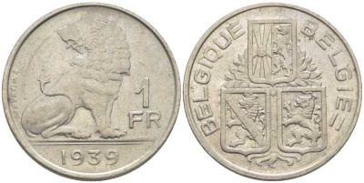 БЕЛЬГИЯ 1 ФРАНК 1939 BELGIE-BELGIQUE, ЛЕОПОЛЬД III (1934-1950) KM 120 никель 119-427