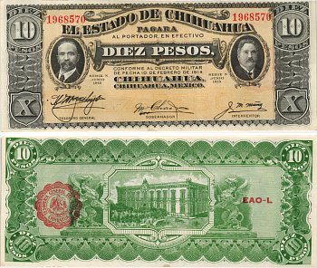 Мексика, Революция 10 песо 1915 штат Чиуауа, красная зубчатая печать Pick S535 бумага aUNC 8589-38-3
