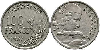 Франция 100 франков 1957 KM 919.1 медно-никель 4536-411
