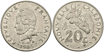 Французская Новая Каледония 20 франков 1983 три быка, (IEOM) KM 12, Schoen 14, Lec 111 никель 71-1423