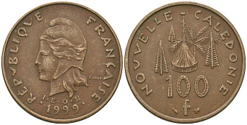 Французская Новая Каледония 100 франков 1999 хижина среди сосен и пальм, (IEOM) KM 15, Schoen 16, Lec 139c никель бронза 97-135