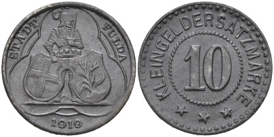 ГЕРМАНИЯ ФУЛДА 10 ПФЕННИГОВ 1919 КЛЯЙНГЕЛЬД железо 75-1369