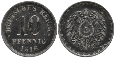 ГЕРМАНИЯ 10 ПФЕННИГОВ 1916 А, KM 20, J. 298 железо 34-912