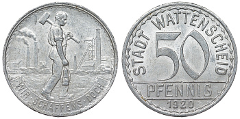 Германия, Ваттеншайд 50 пфеннигов 1920 Северный Рейн-Вестфалия, нотгельд Funck 579.10 алюминий 4121-424